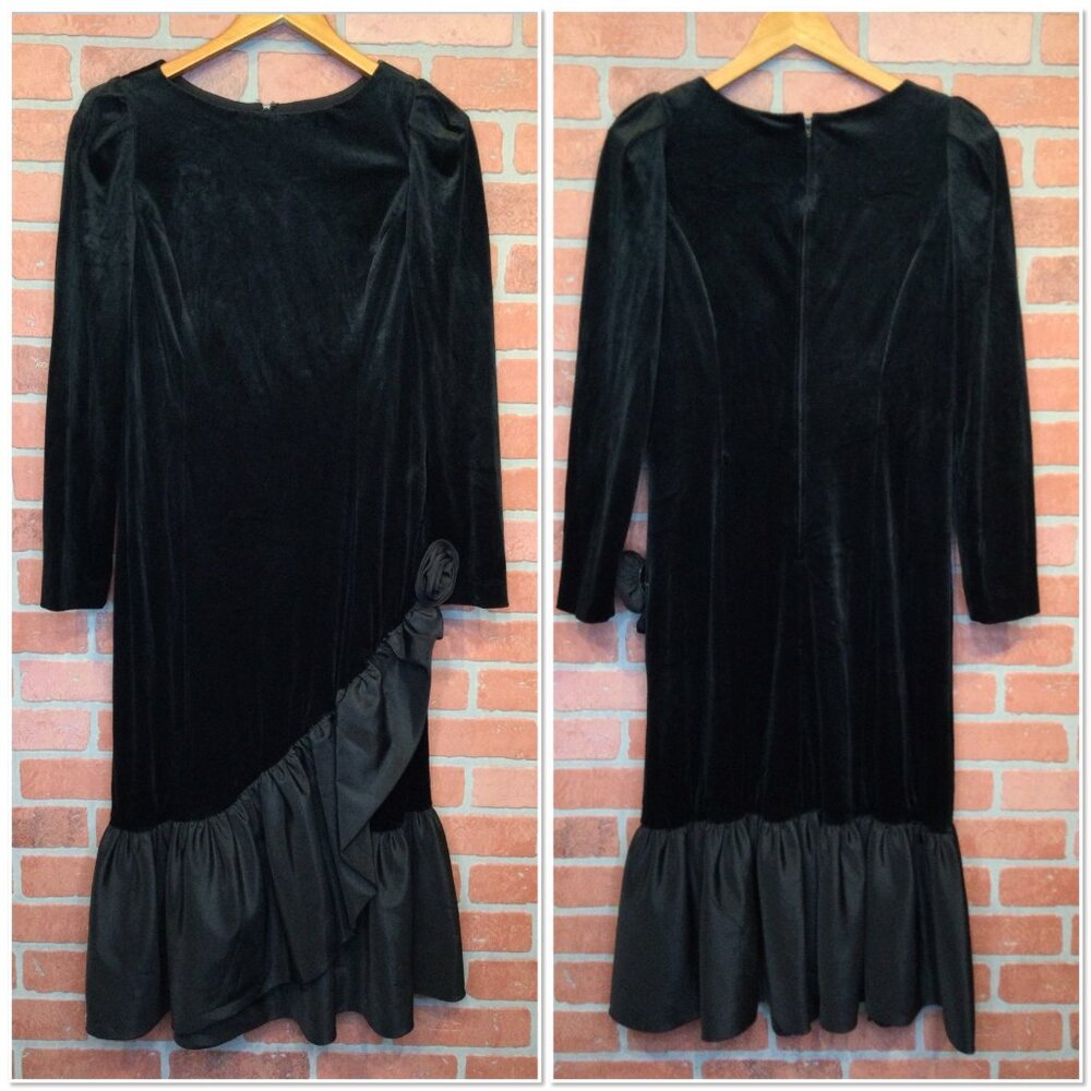 Herman Marcus Black Velvet Long Sleeve Midi Dress Size 12 Ruffle Dark Coquette